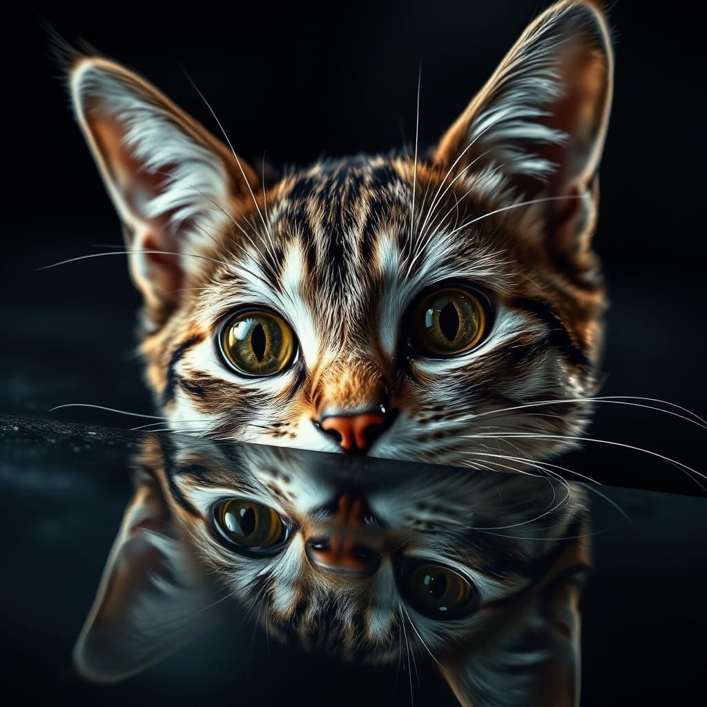 Mischievous Cat Face Reflected in Chrome, Dramatic Lighting