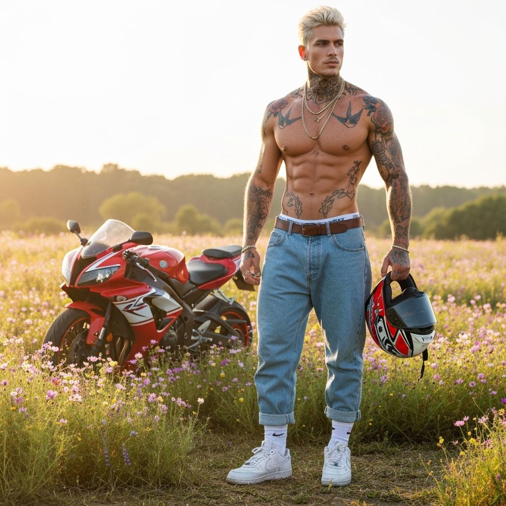Muscular Model in Flower Meadow at Dawn