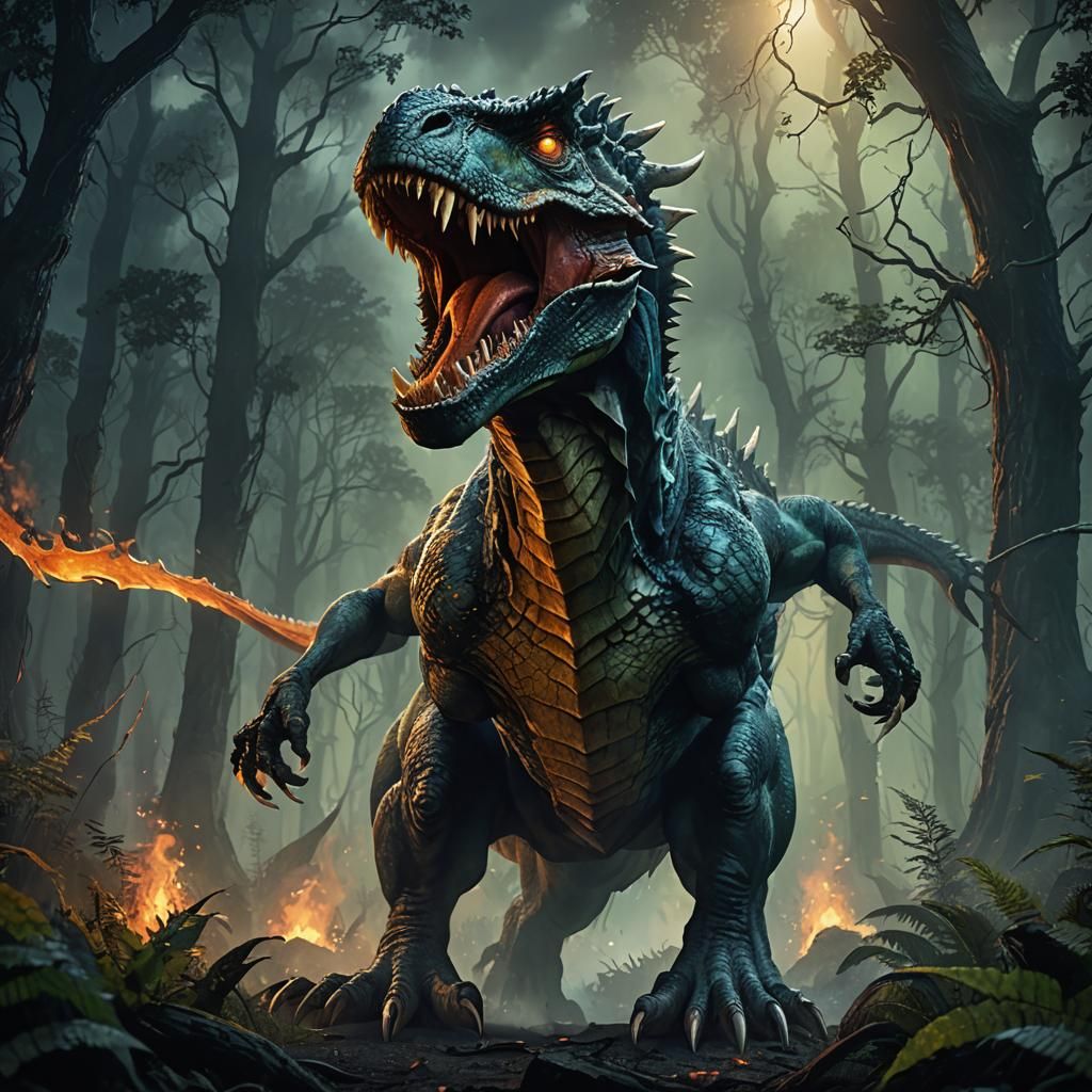 Dragon Tyrannosaurus Rex Roaring in Misty Forest