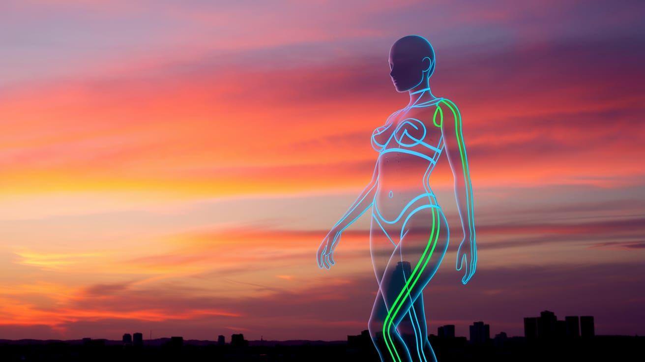 Glowing Woman Silhouette Against Vibrant Sunset Cityscape
