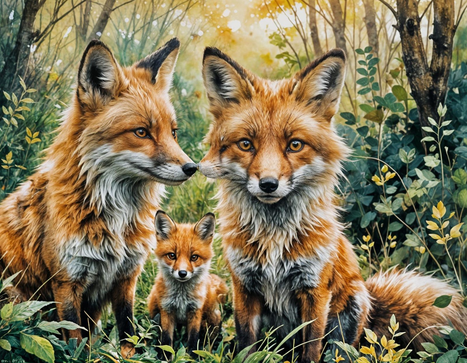 Watercolor Fox Family in Painterly Cartoon Style