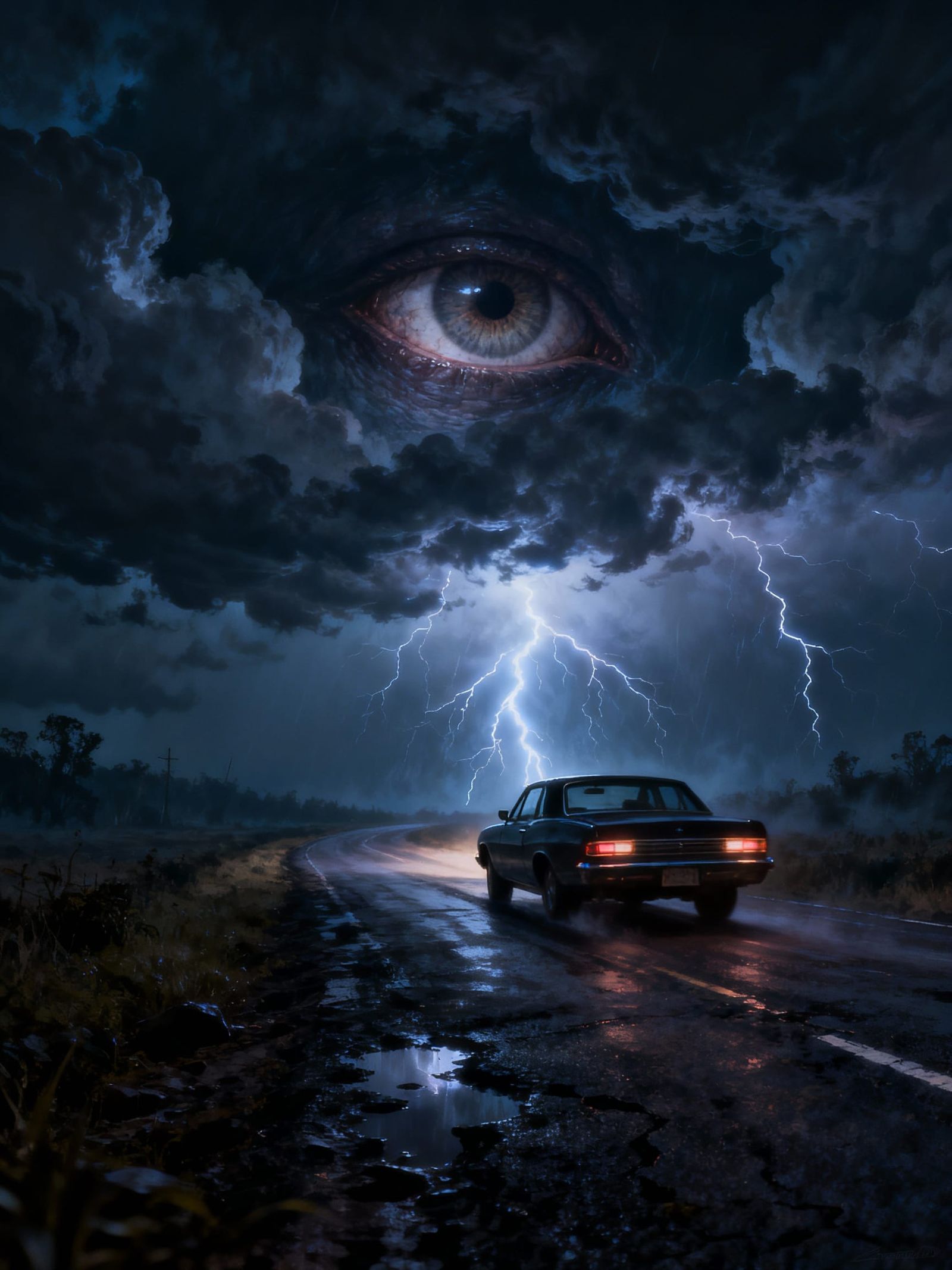 Pop Surreal Car in Stormy Night with Watching Eye