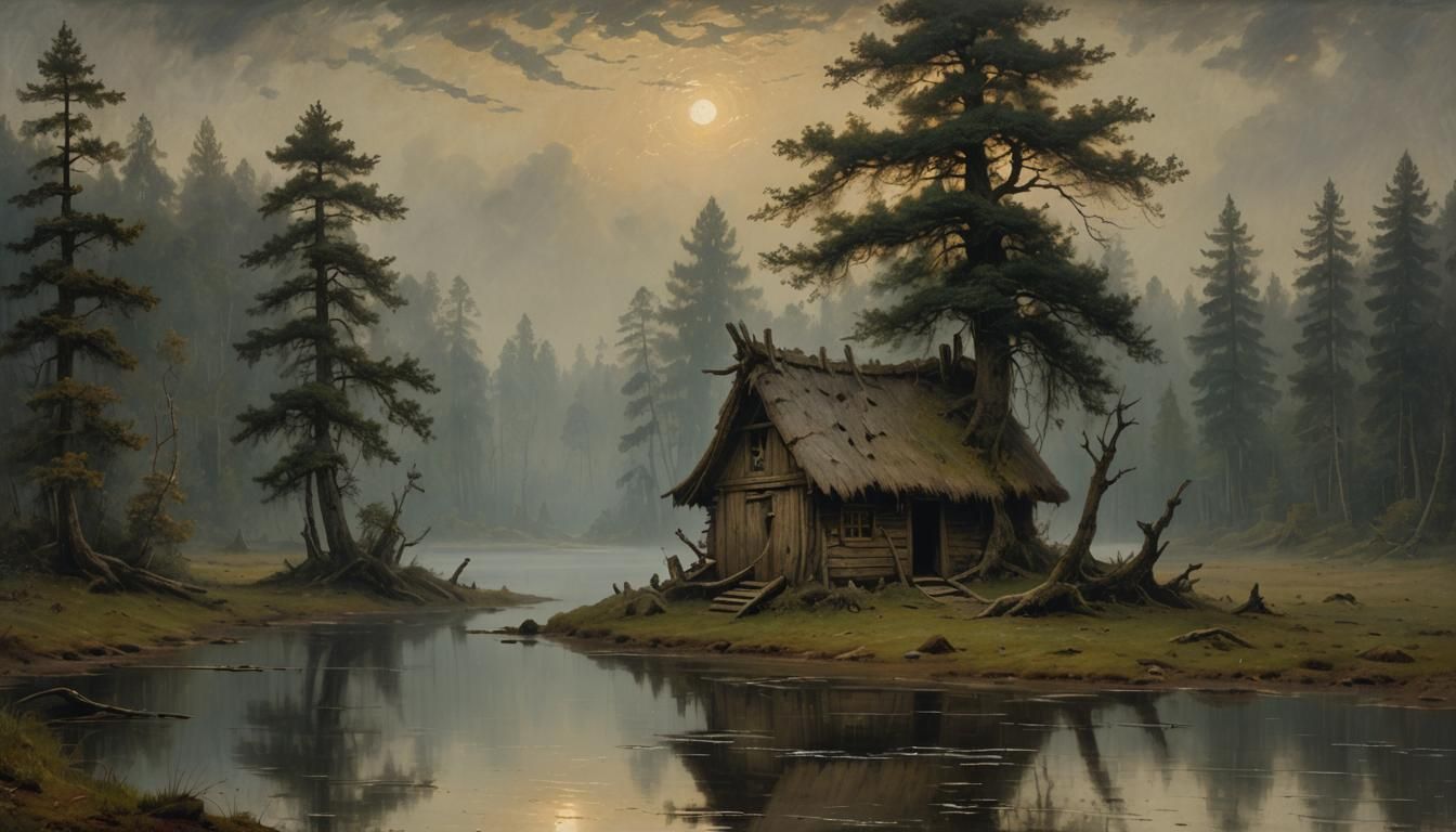 Mystical Witch Hut by Foggy Lake: Oil Painting