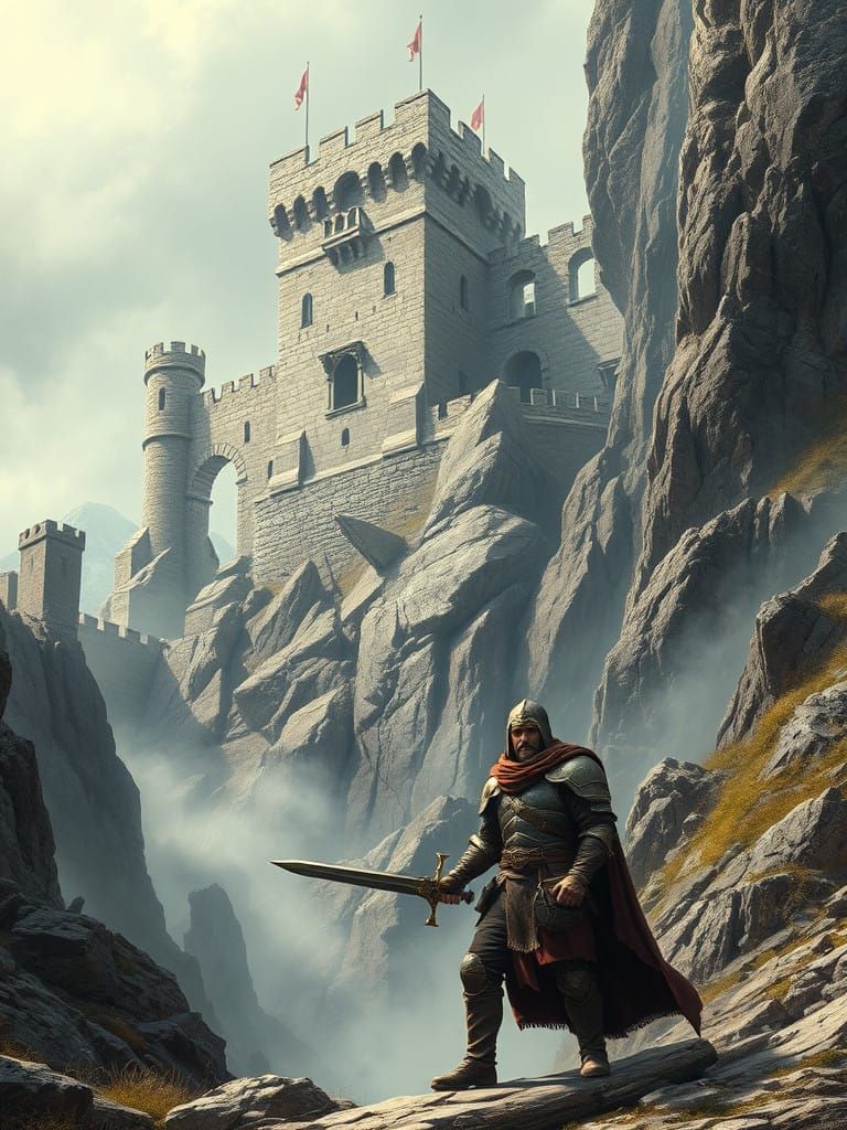 Medieval Warrior Stands Before Impregnable Stone Fortress