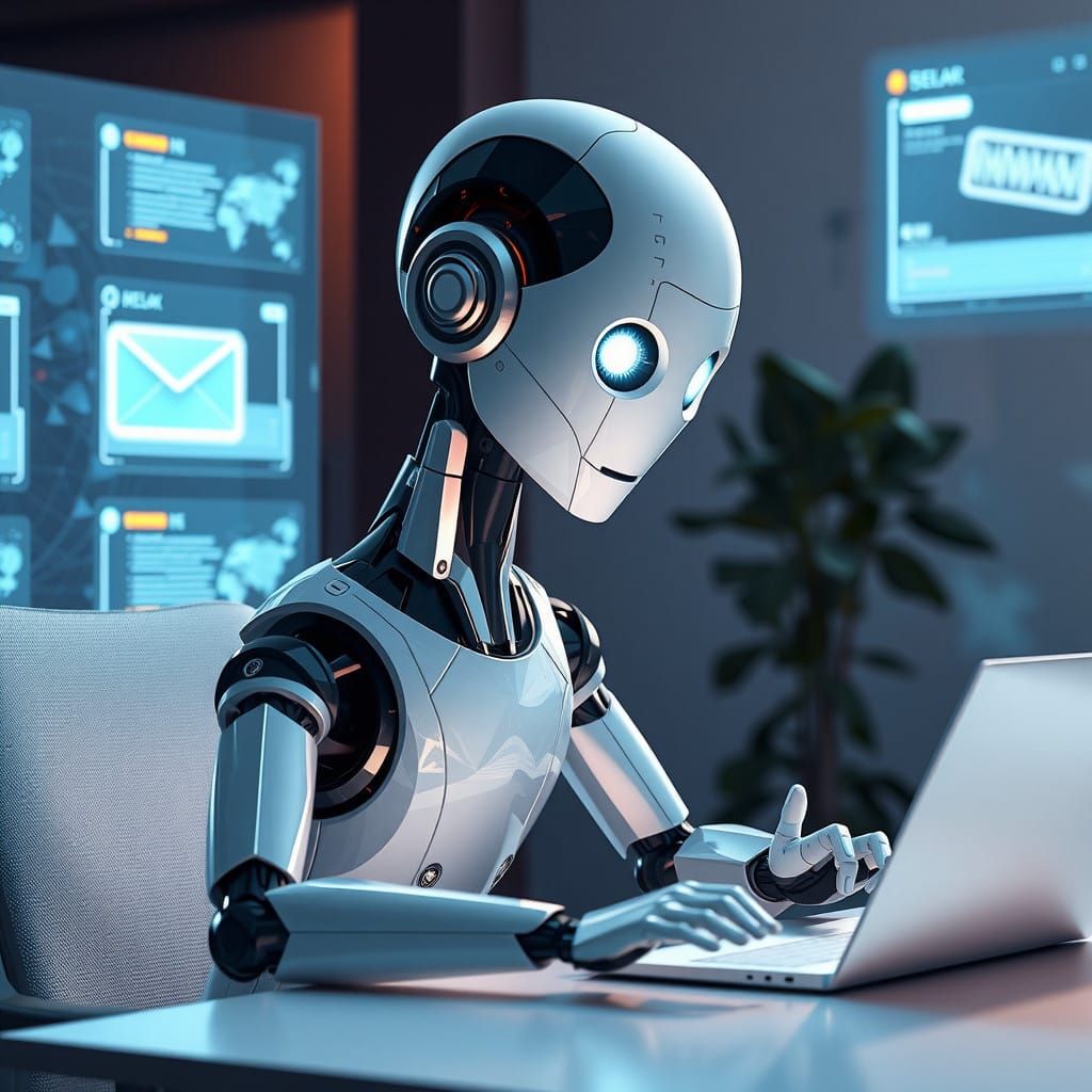 Sleek Robot Attends to Modern Desk Amidst Holographic Displa...