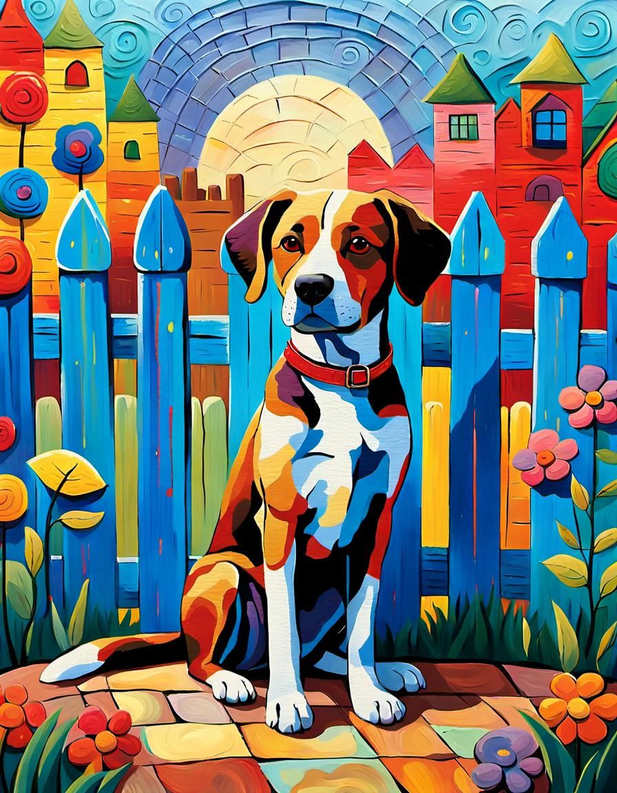 Dog and Colorful Fence in Naive Art Style