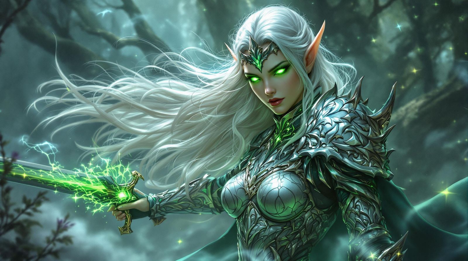 Elf Warrior Princess in Mystical Forest, Fantasy Art