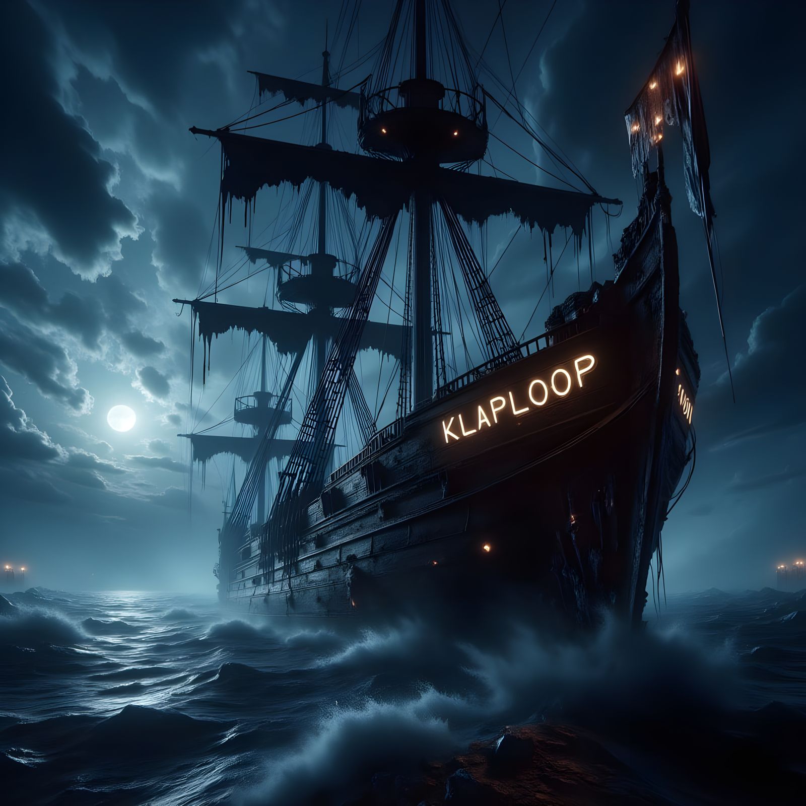Dark Game-Style Sea Ship with KLAPLOOP Logo