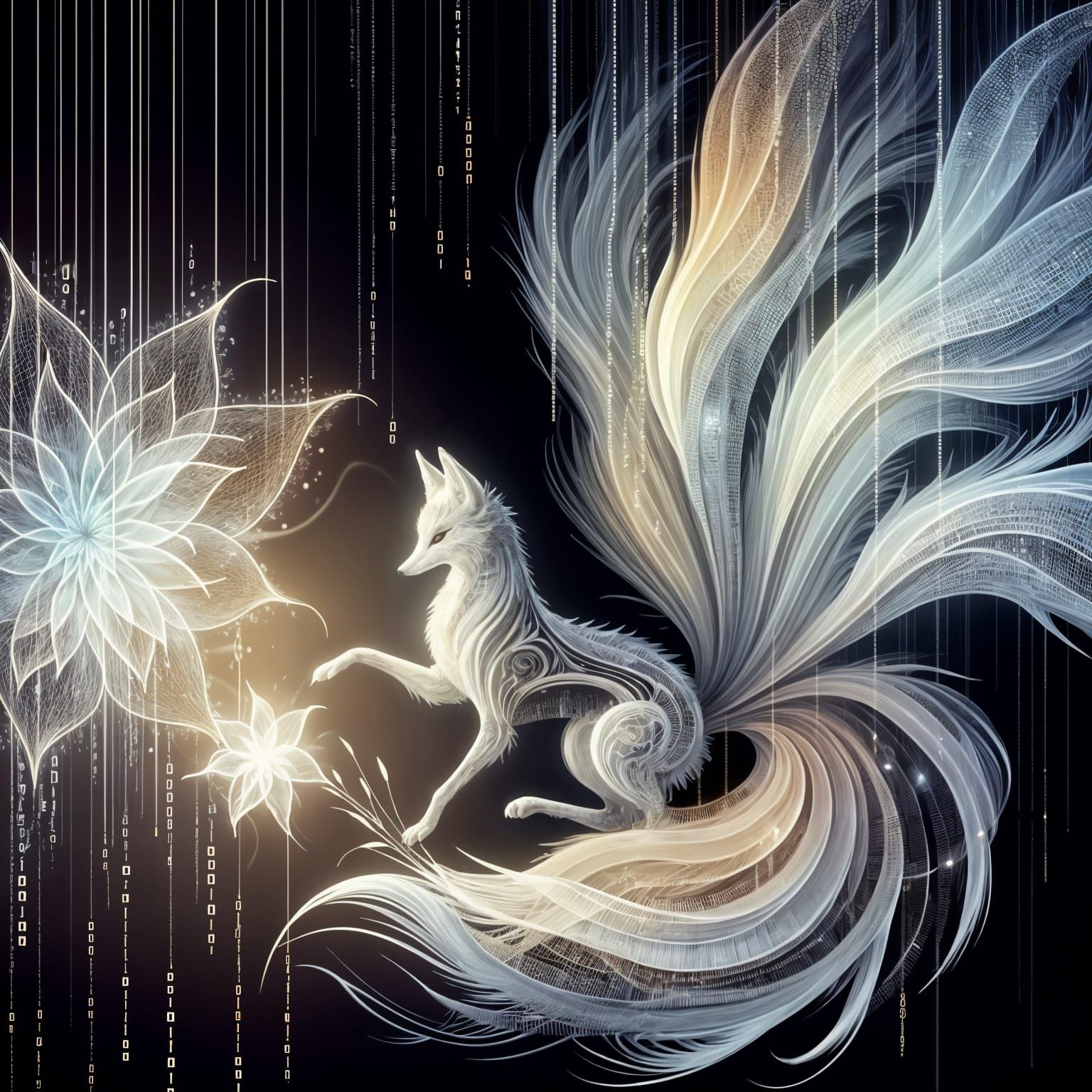 Elegant Digital Kitsune Formed from Binary Code