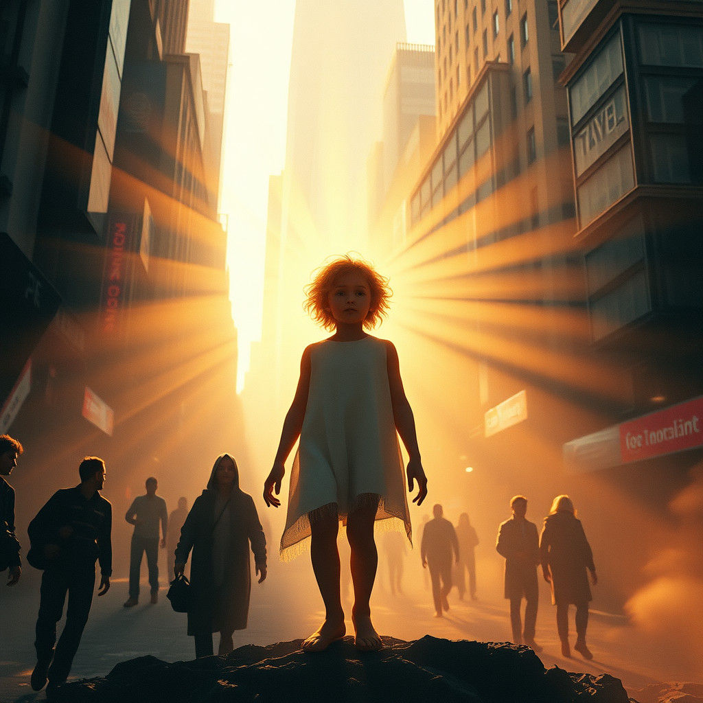 Child of Light Radiating Hope in Chaotic City