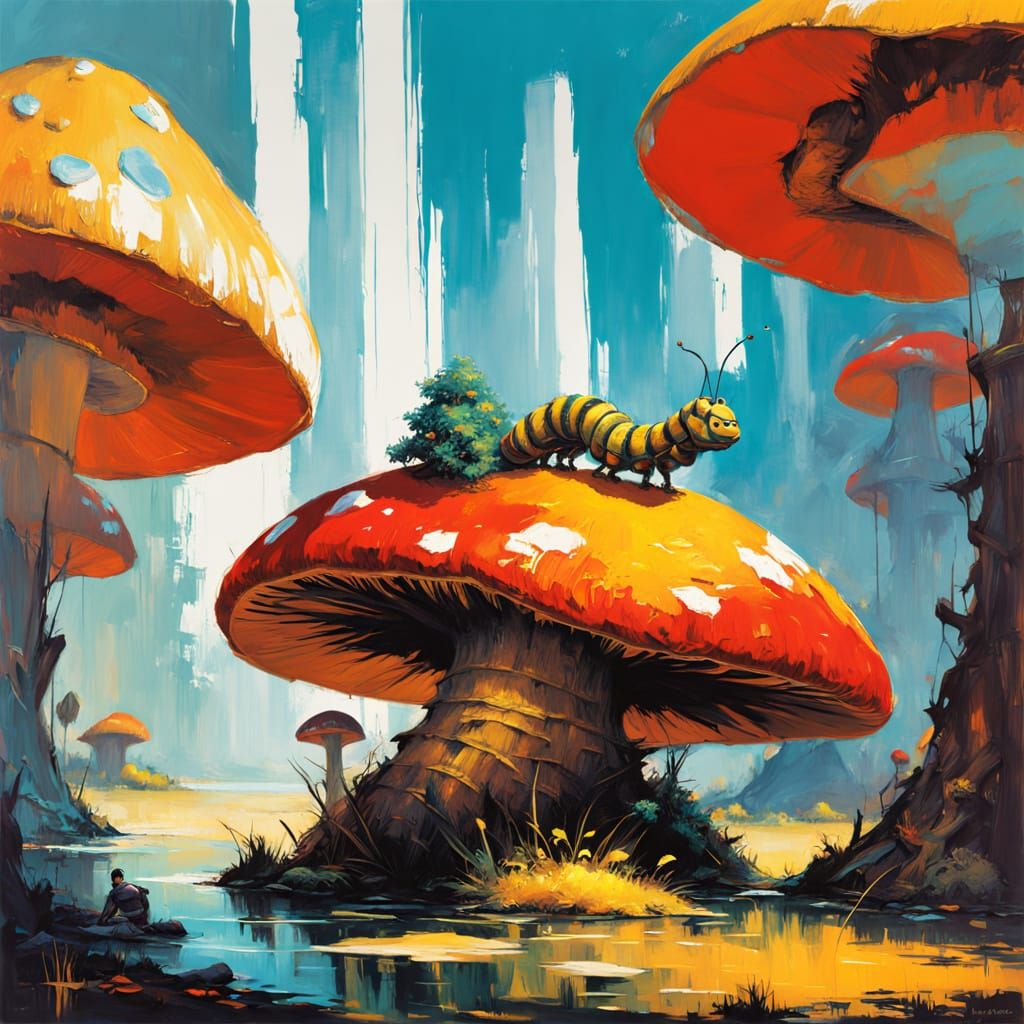 Caterpillar on Mushroom: Impressionist Oil Painting
