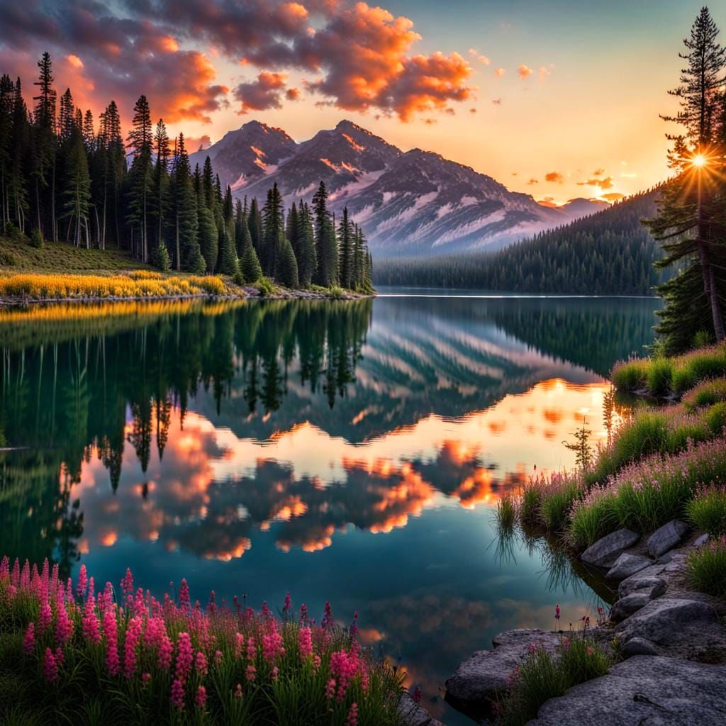Mountain Lake Sunset with Wildflower Shoreline