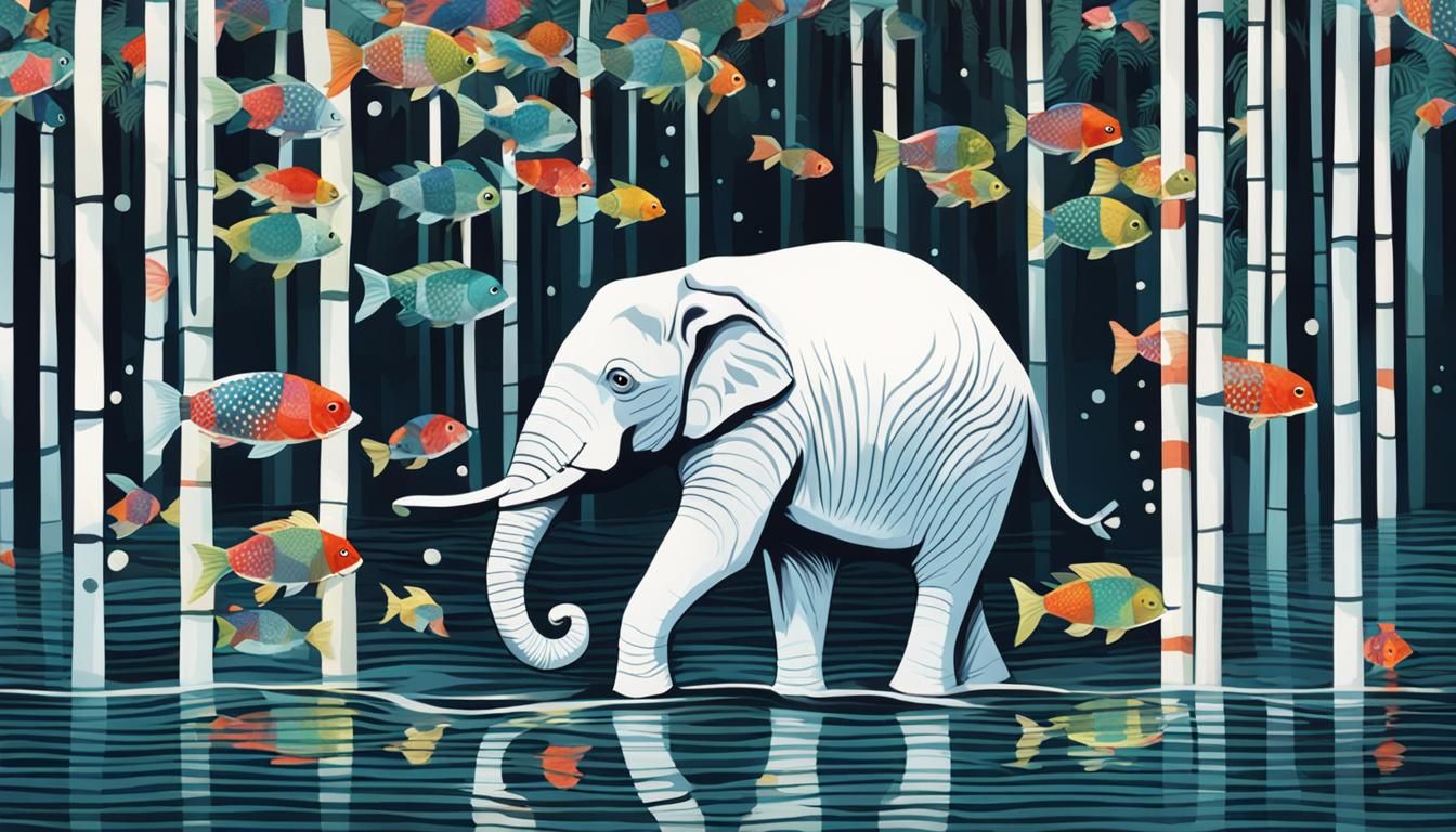 Neo-Realist Elephant with Fish in Bamboo Grove