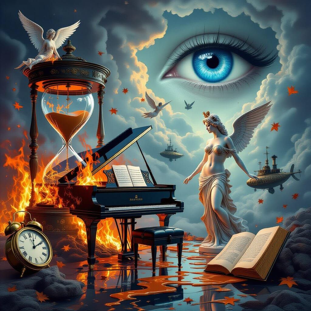 Surreal Dreamscape with Fiery Piano and Melting Clocks