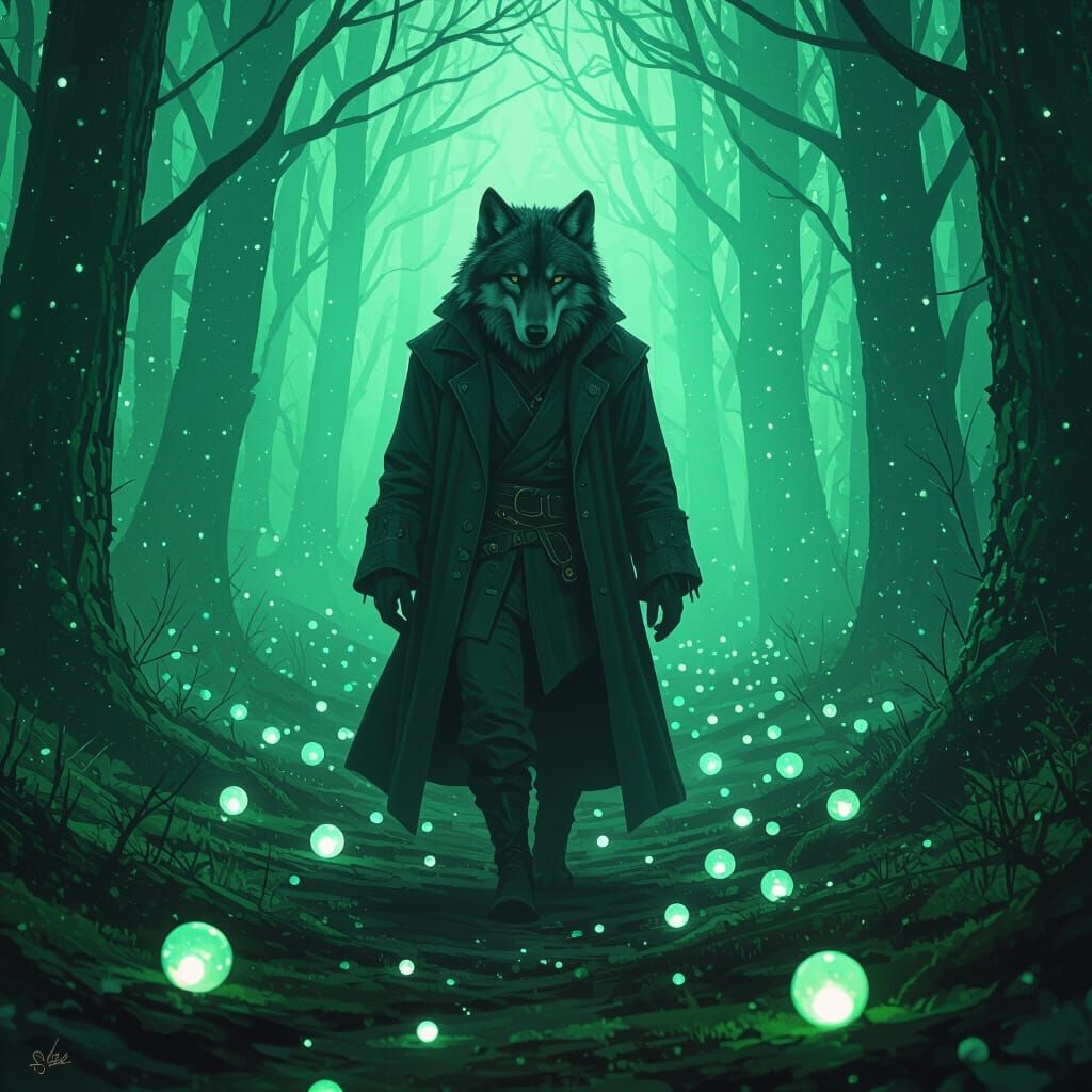 Wolf in Surreal Green Wood with Glowing Marbles