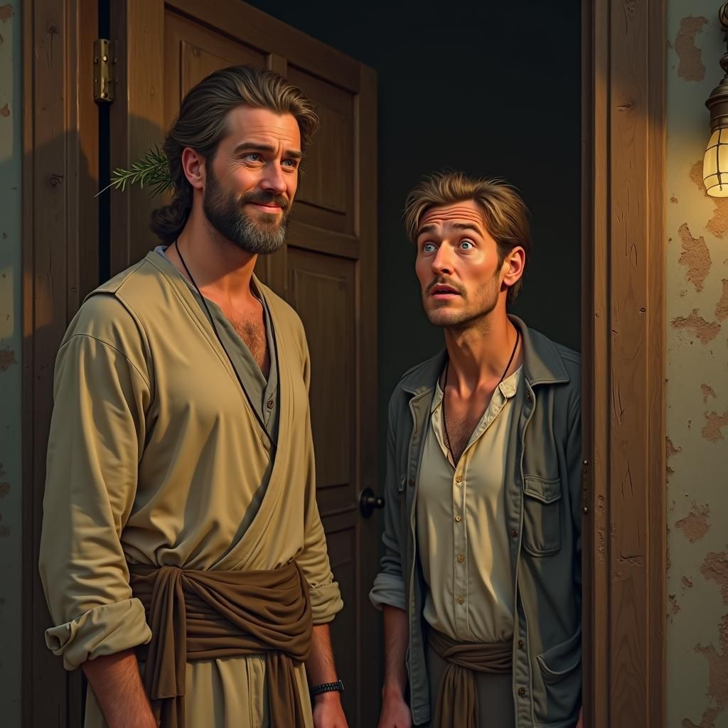 Warm Greeting at Doorway in American Realism Style