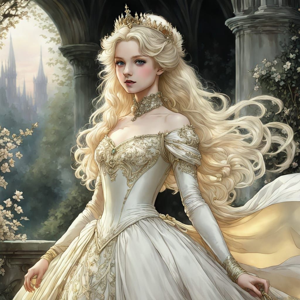 Regal Platinum Blond Queen in Pale Gold Gown
