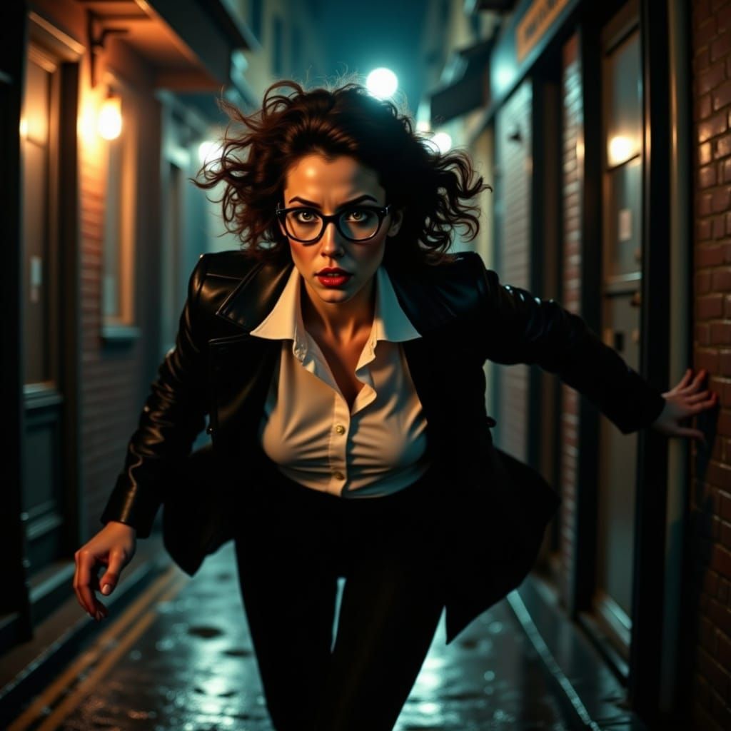 Frightened Woman in Hyper-Realistic, Dark Alleyway Scene