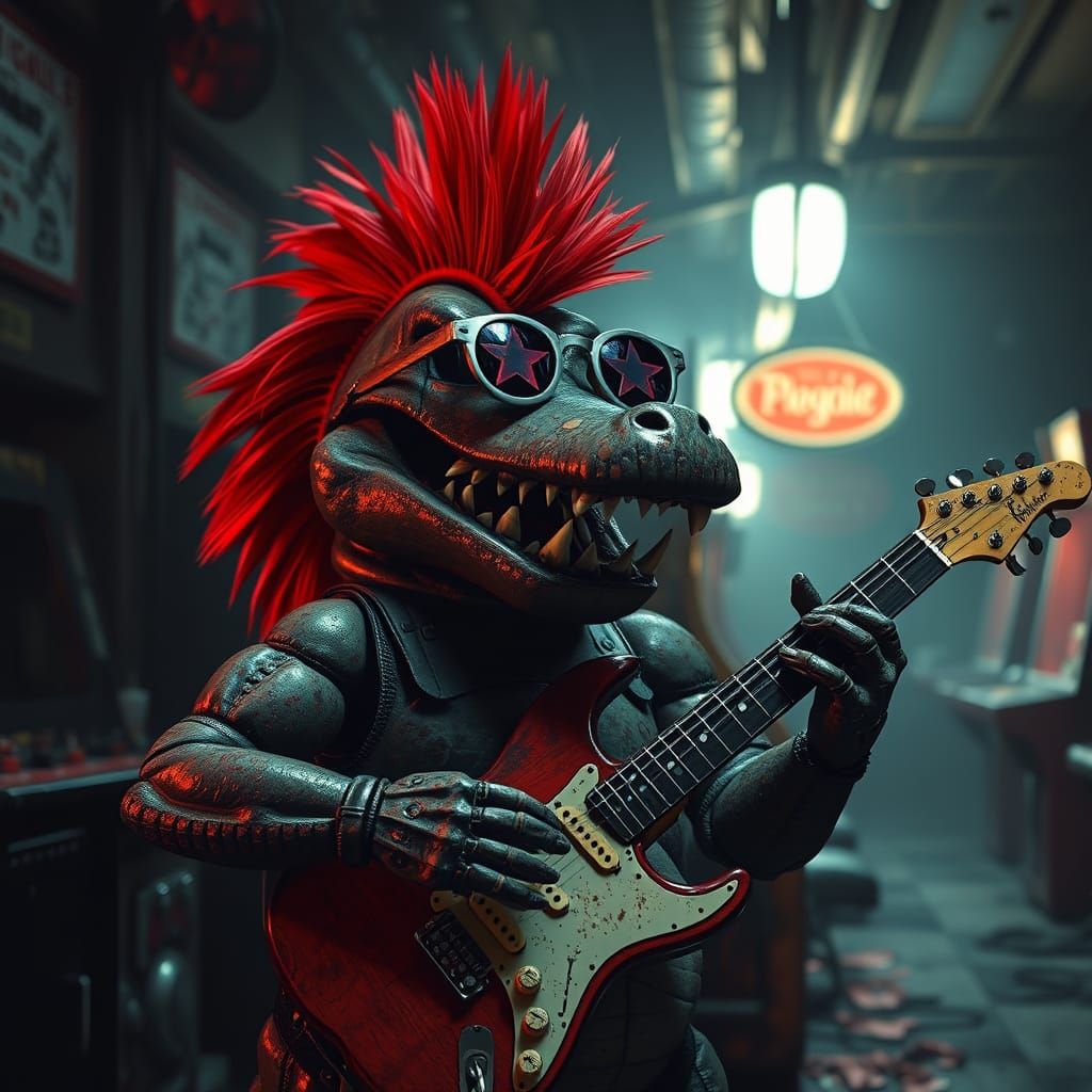 Animatronic Alligator Rocker with Red Mohawk and Star Sungla...