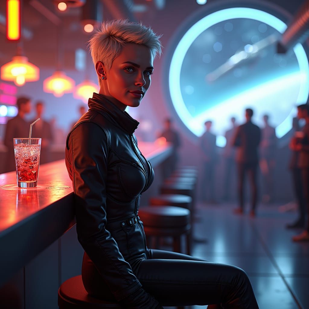 Commander Rhea at Space Station Bar in Futuristic Style