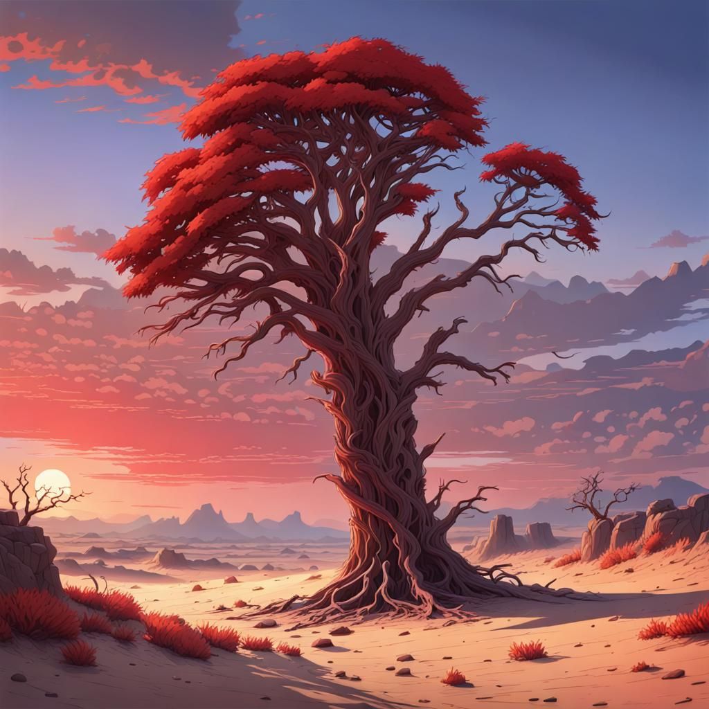 Solitary Tree in Desert: Studio Ghibli Anime Visual