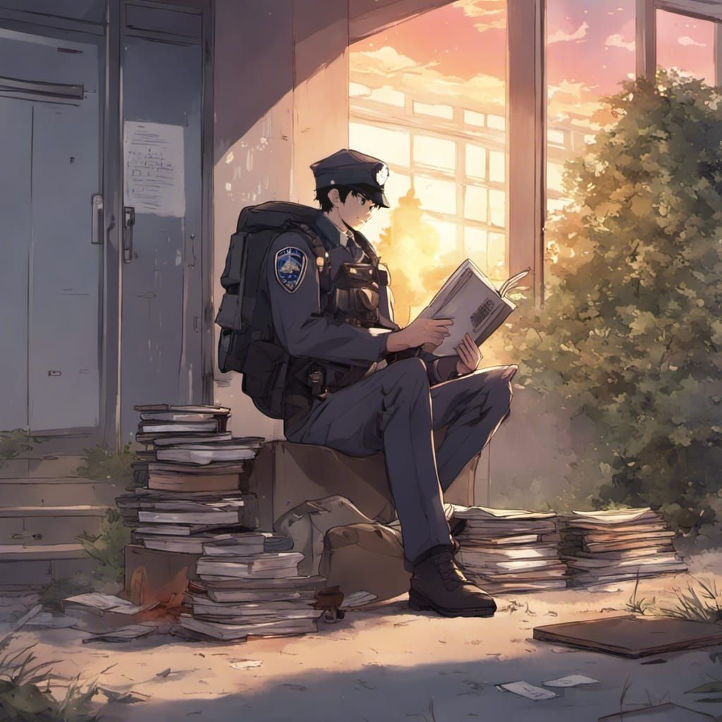 Anime Riot Cop Scavenger in Urban Ruins