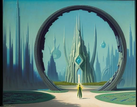 Surreal Crystalline City Portal, Oil Painting Style
