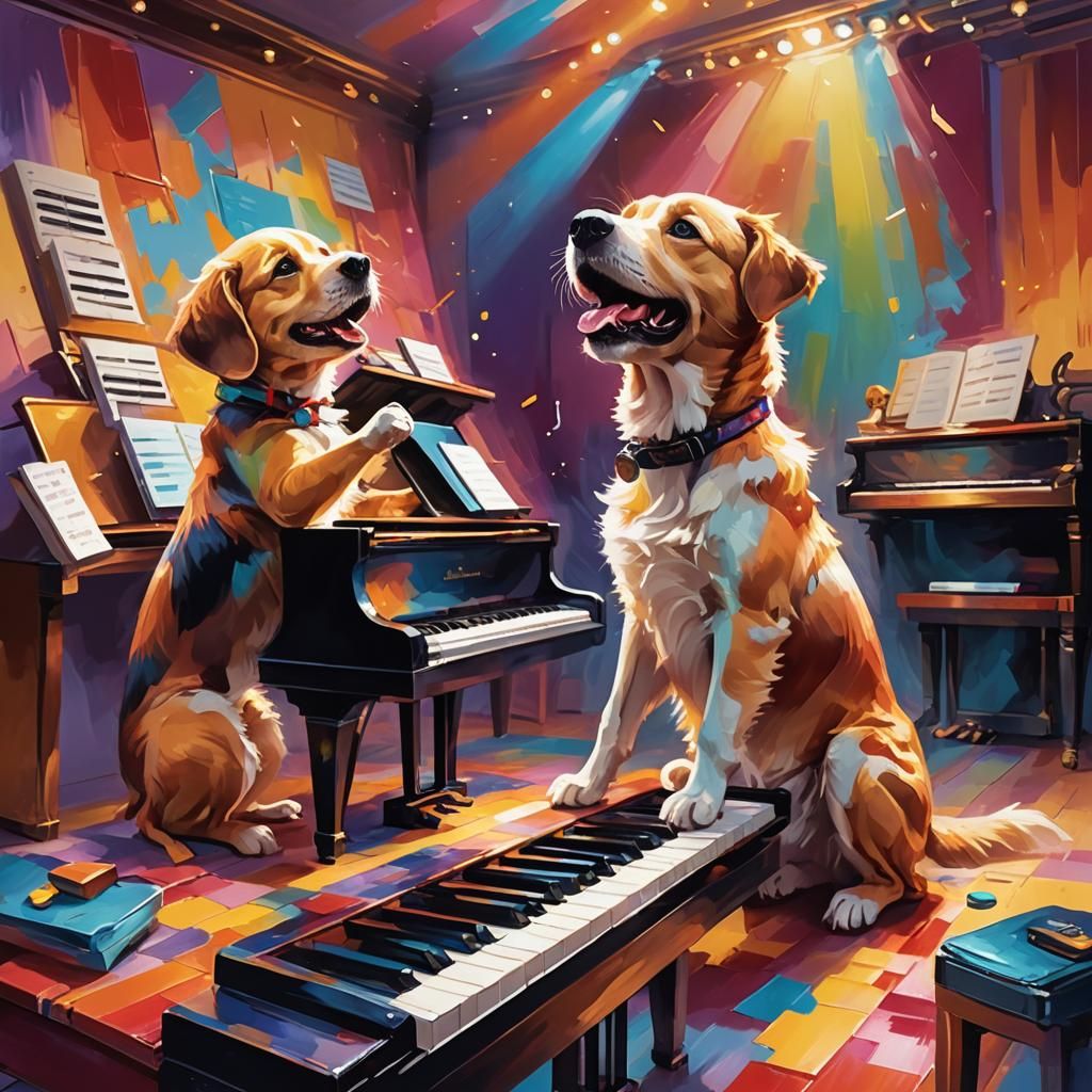 Dog and Puppy Piano Duet on Stage