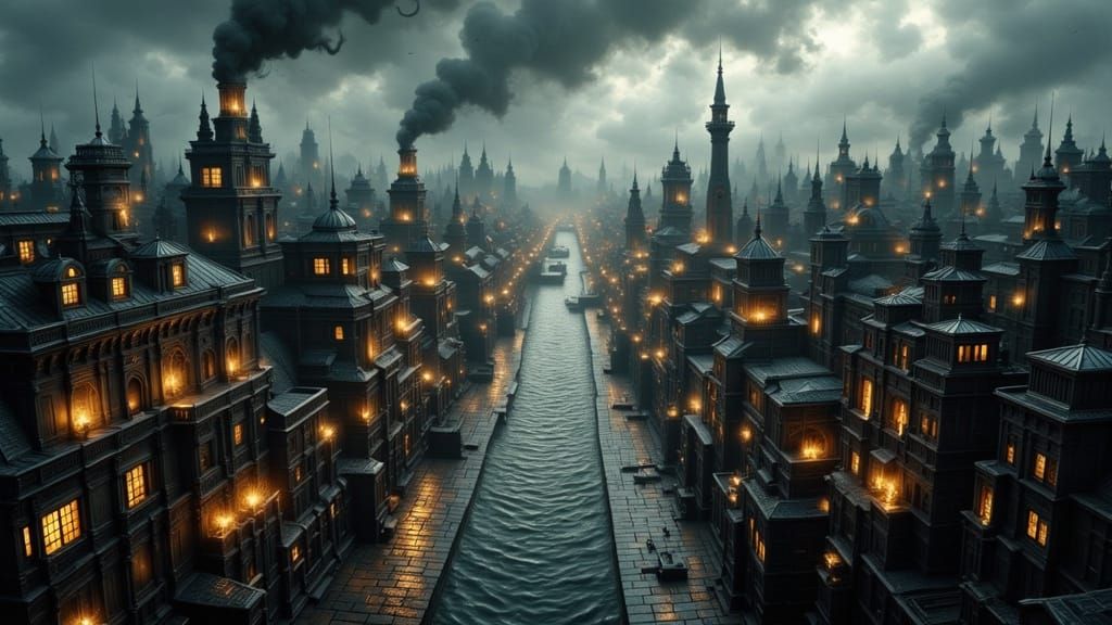 Steampunk Harbor City Bird's-Eye View in Cinematic Style
