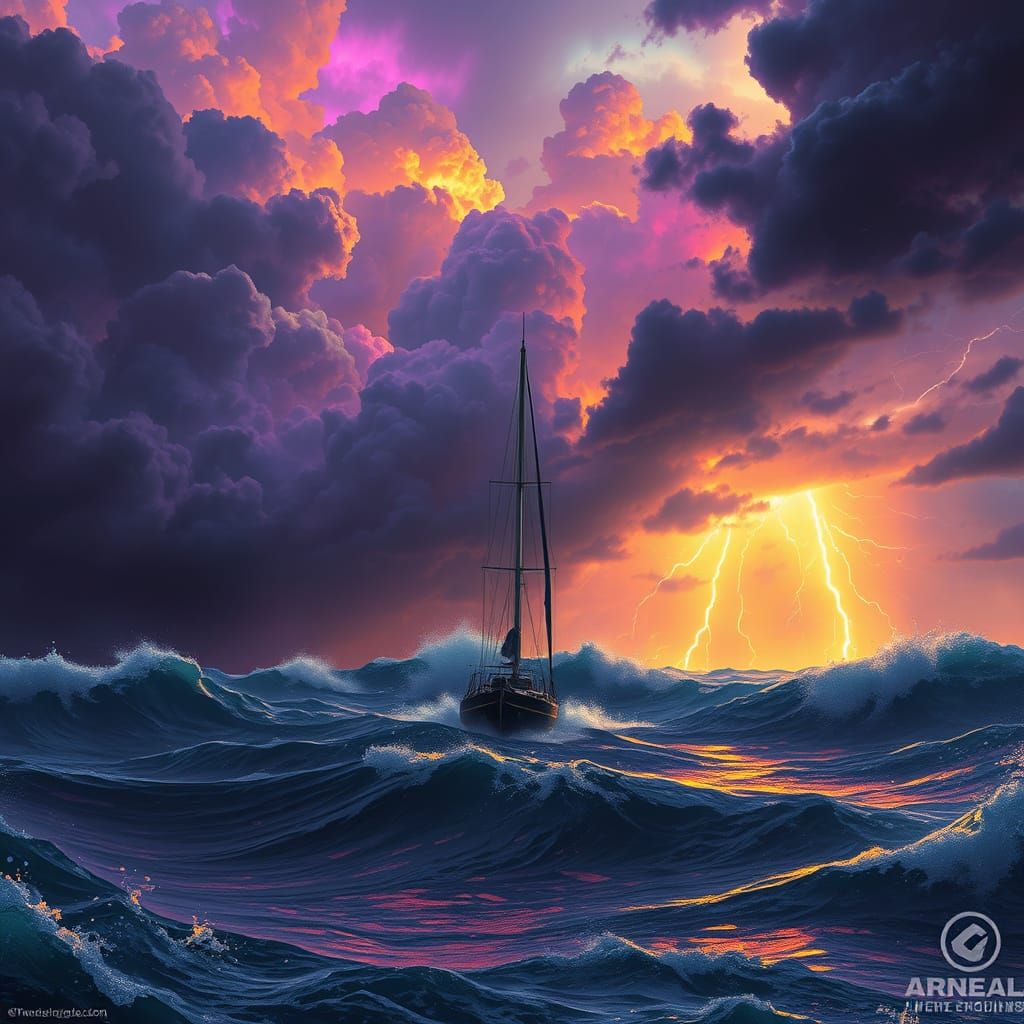 Dark Fantasy Ocean Storm with Yacht Masterpiece