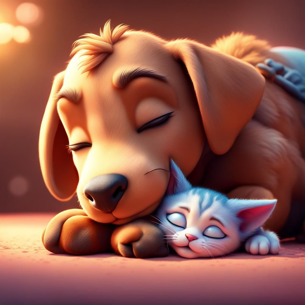 Puppy and Kitten Nap Beside Horse: 3D Render