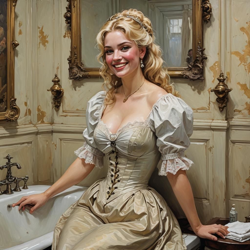 Blonde Woman in Victorian Bathroom, Oil Painting Style
