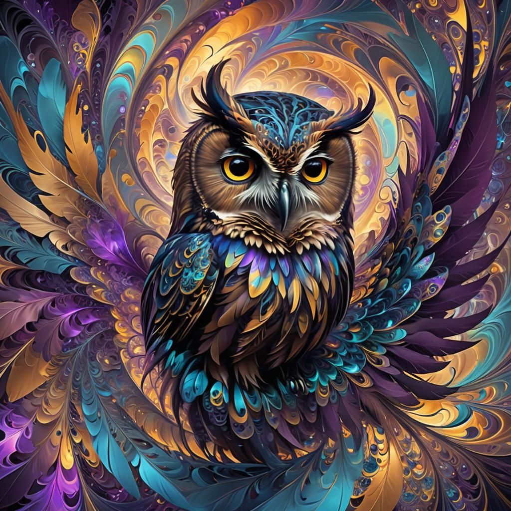 Abstract Owl in Swirling Colors and Fractal Waves