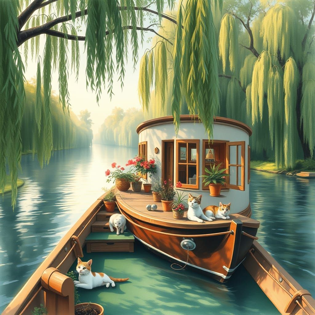 Serene Houseboat Cruises Down Tranquil River in Soft Impress...
