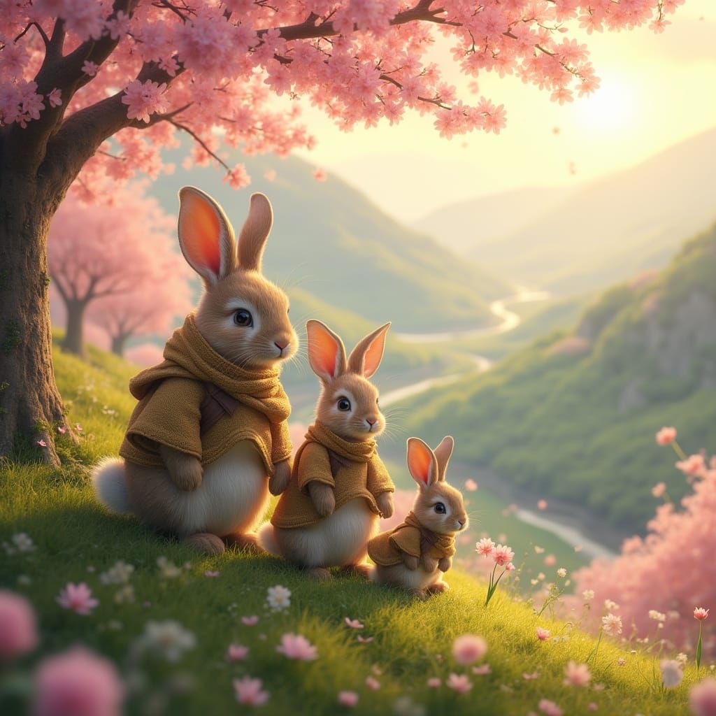 Whimsical Rabbits in a Cherry Blossom Wonderland