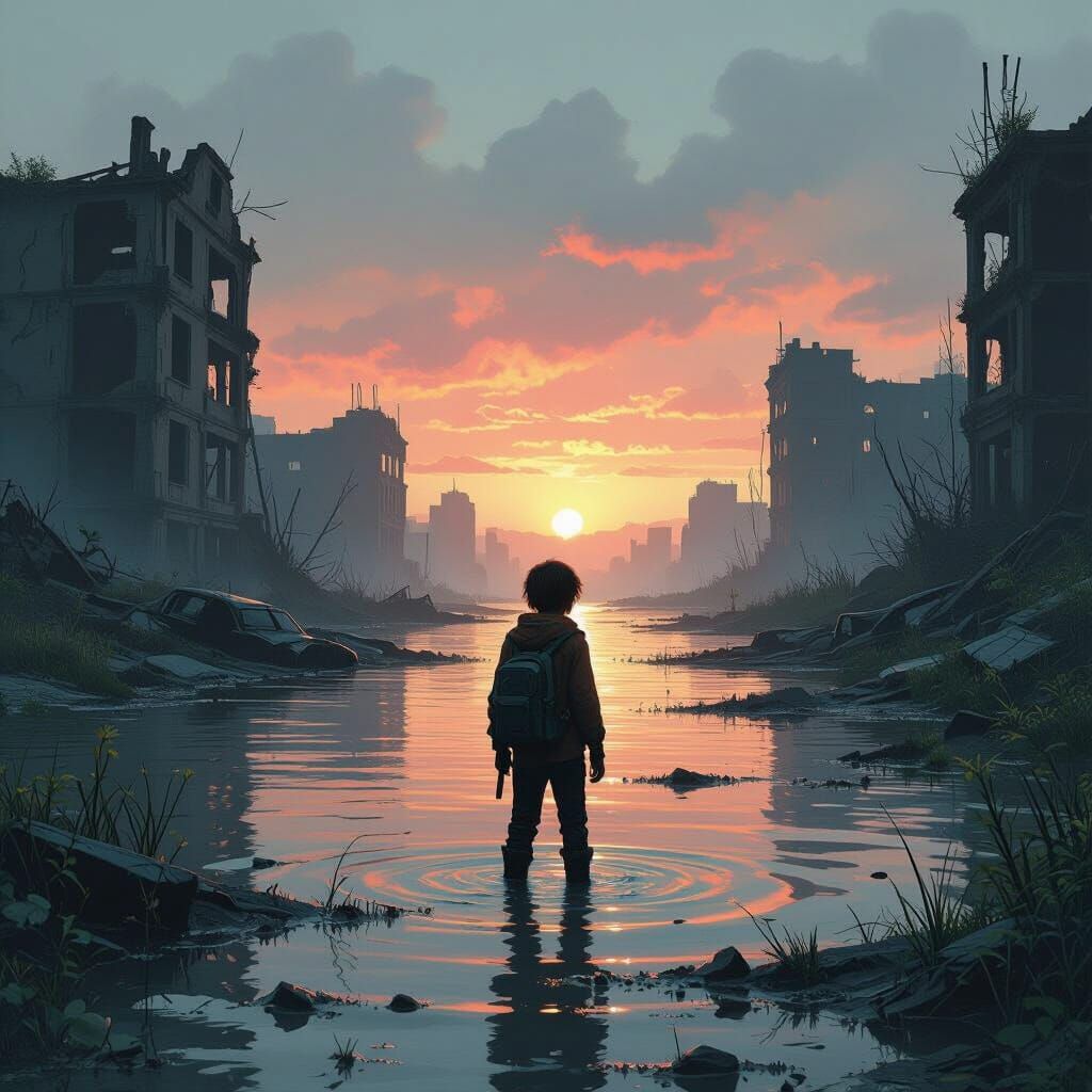 Post-Apocalyptic Survivor in Flooded Ruins