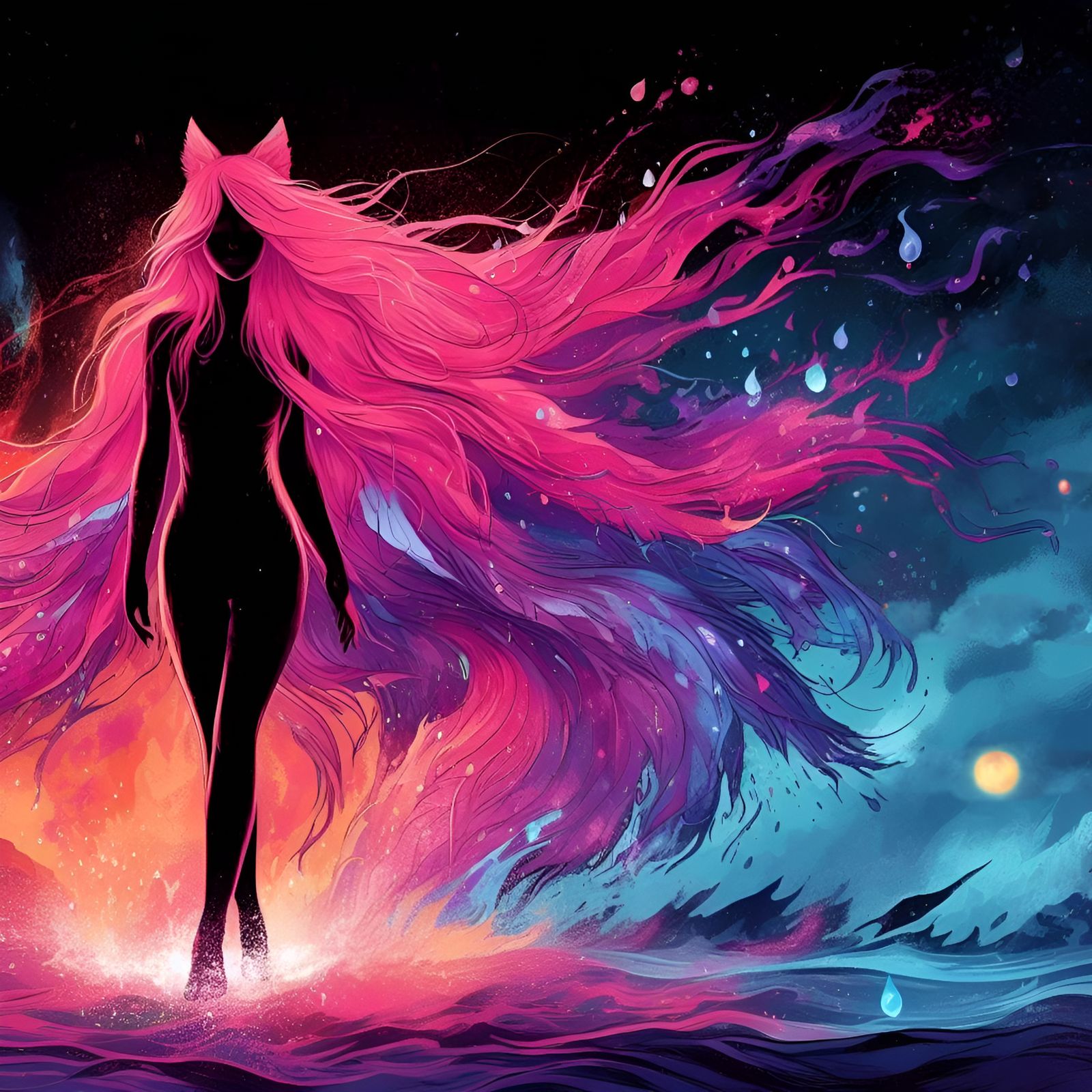 Cosmic Woman with Pink Hair and Floating Embers