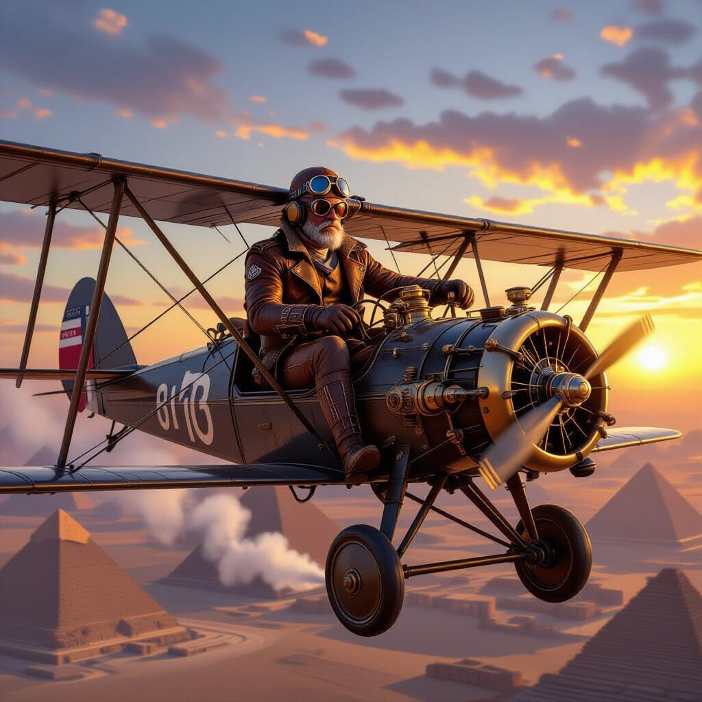 Steampunk Pilot Flies Biplane Over Egyptian Pyramids