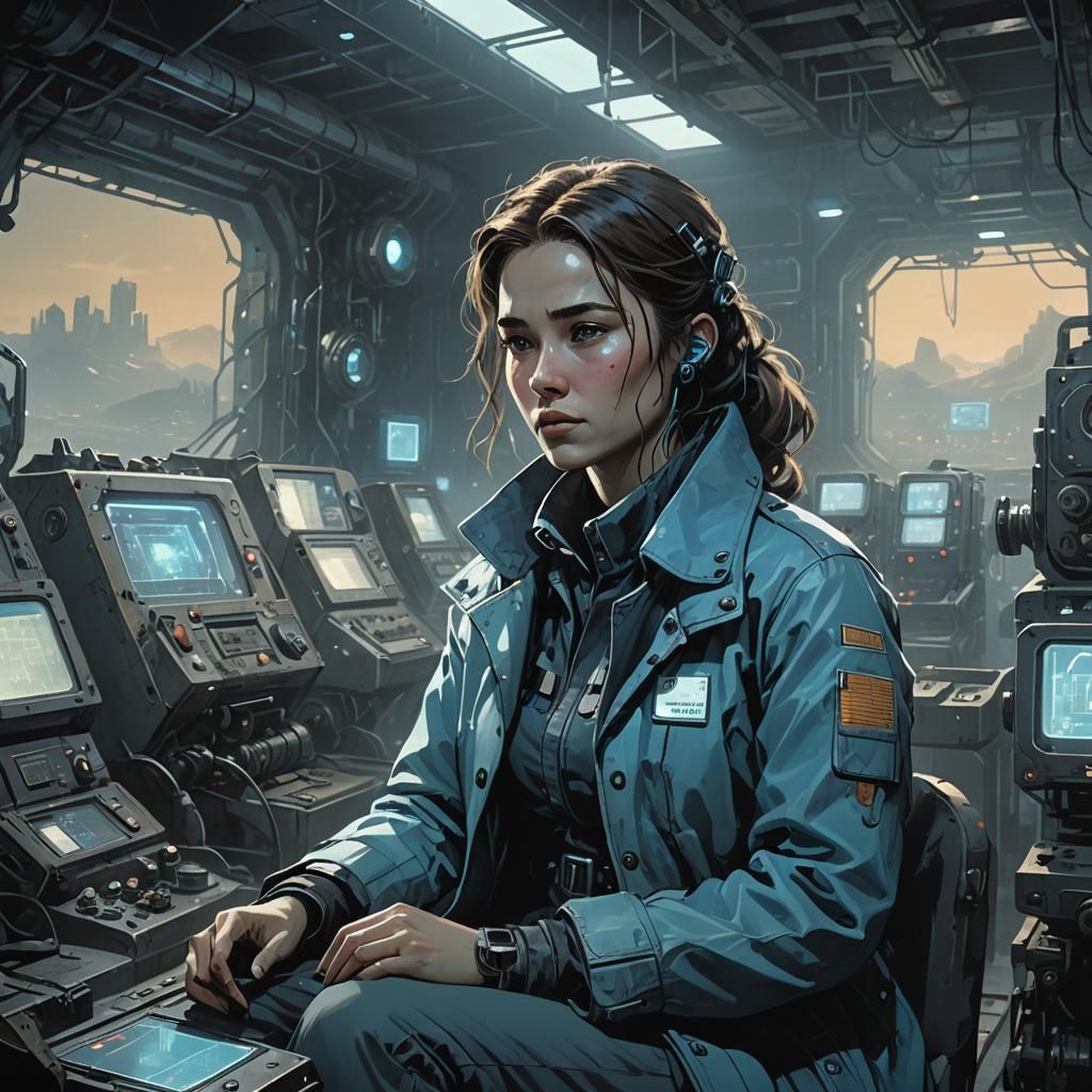 Retro-Futuristic Woman in Dimly Lit Room