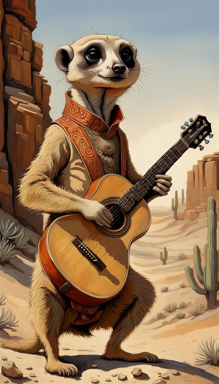 Anthropomorphic Meerkat Guitarist in Desert, Impasto Paintin...