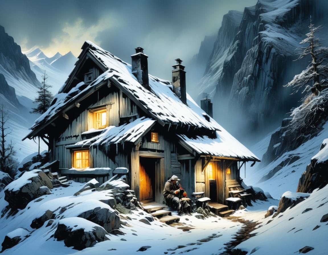 Hikers Shelter in Snowy Alpine Hut