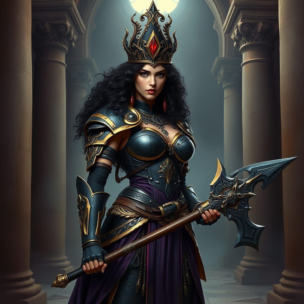 Female Warrior with Mace in Ancient Hall, Digital Art