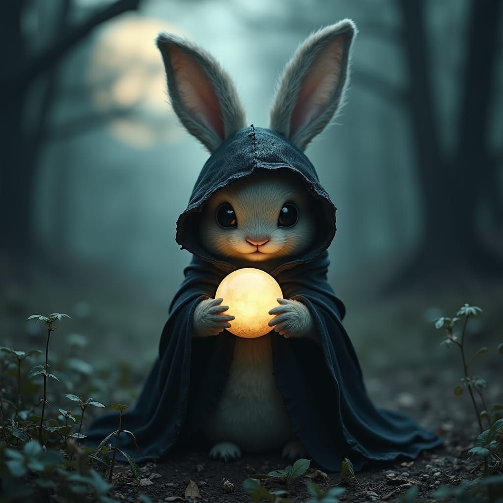 Mystical Bunny with Glowing Orb in Dark Forest