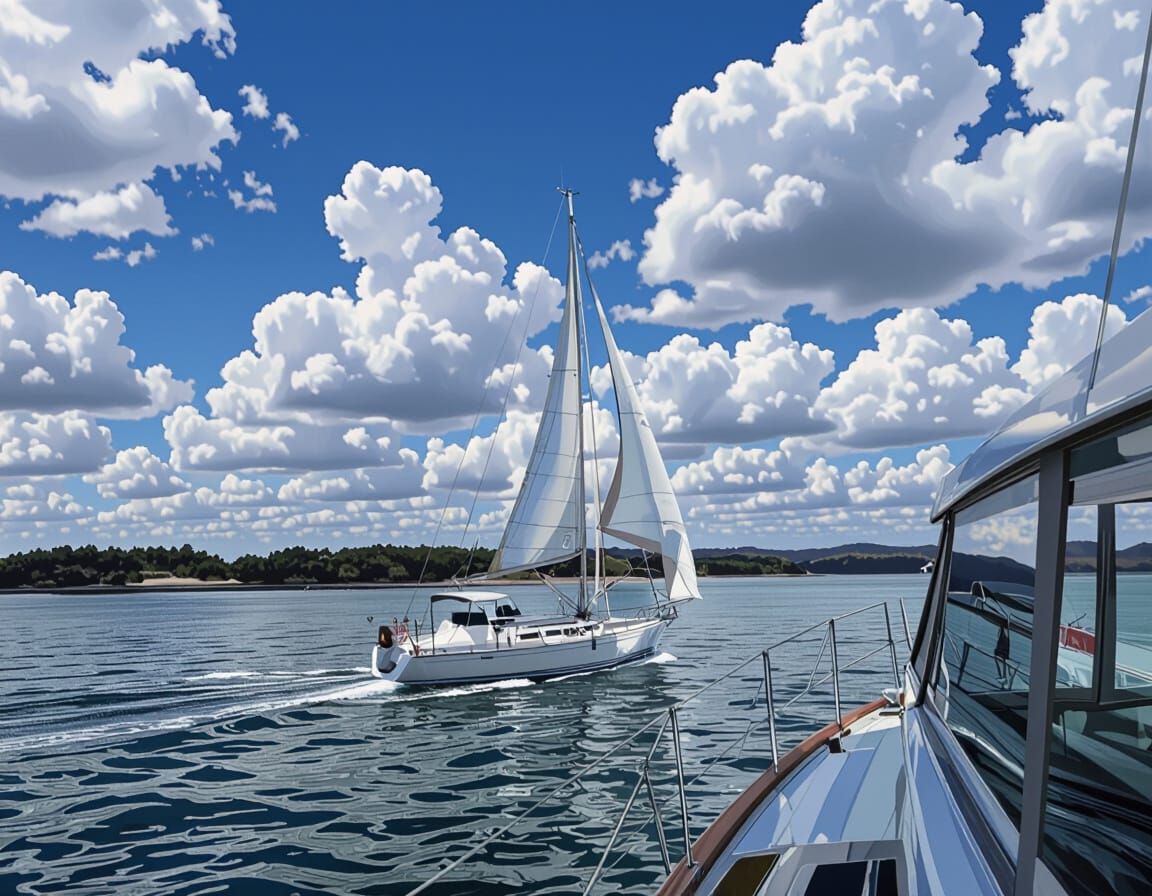Sailing Yacht on Calm Sea in Maritime Art Style