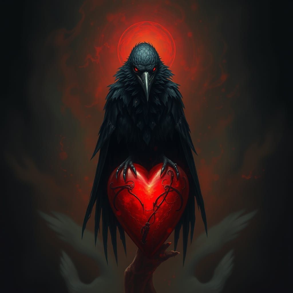 Mysterious Raven on a Glowing Heart