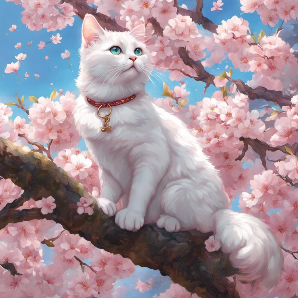 Cute White Cat in Cherry Blossom Tree: Anime Style