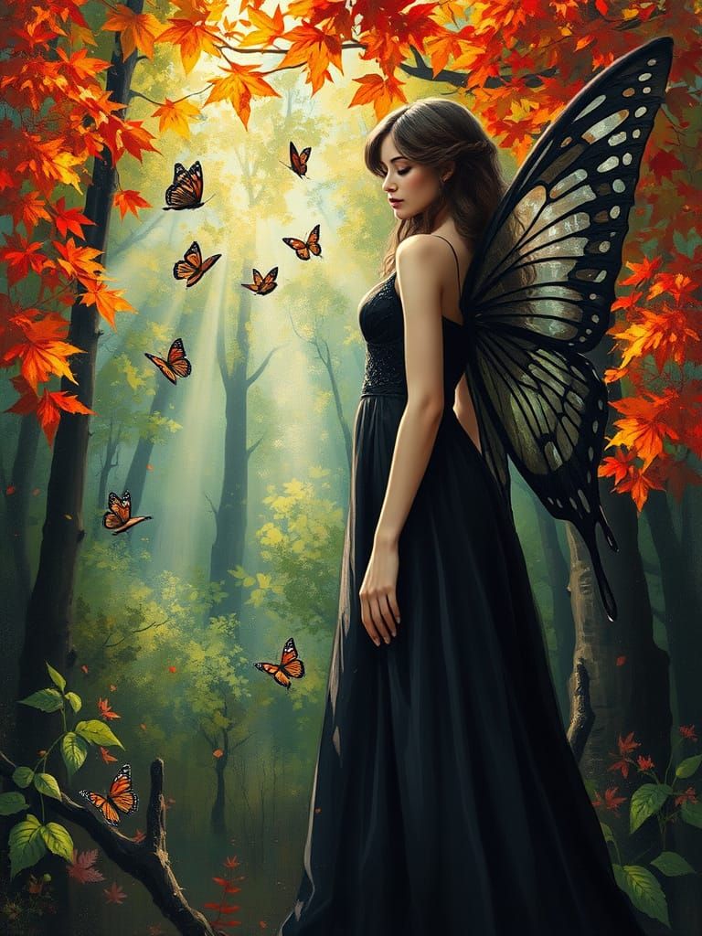 Fairy in Lush Forest: Neo-Impressionistic Oil Painting