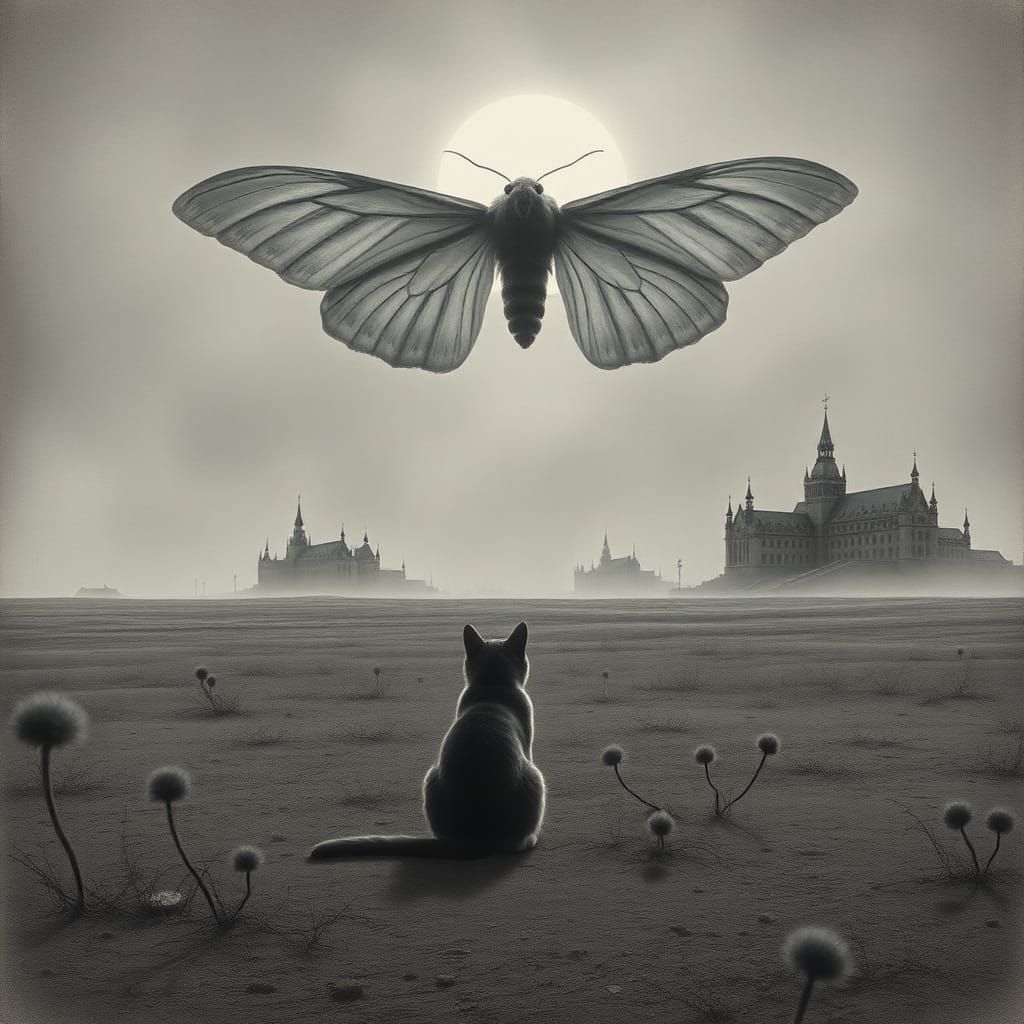 Cat Contemplates End of World in Charcoal Drawing