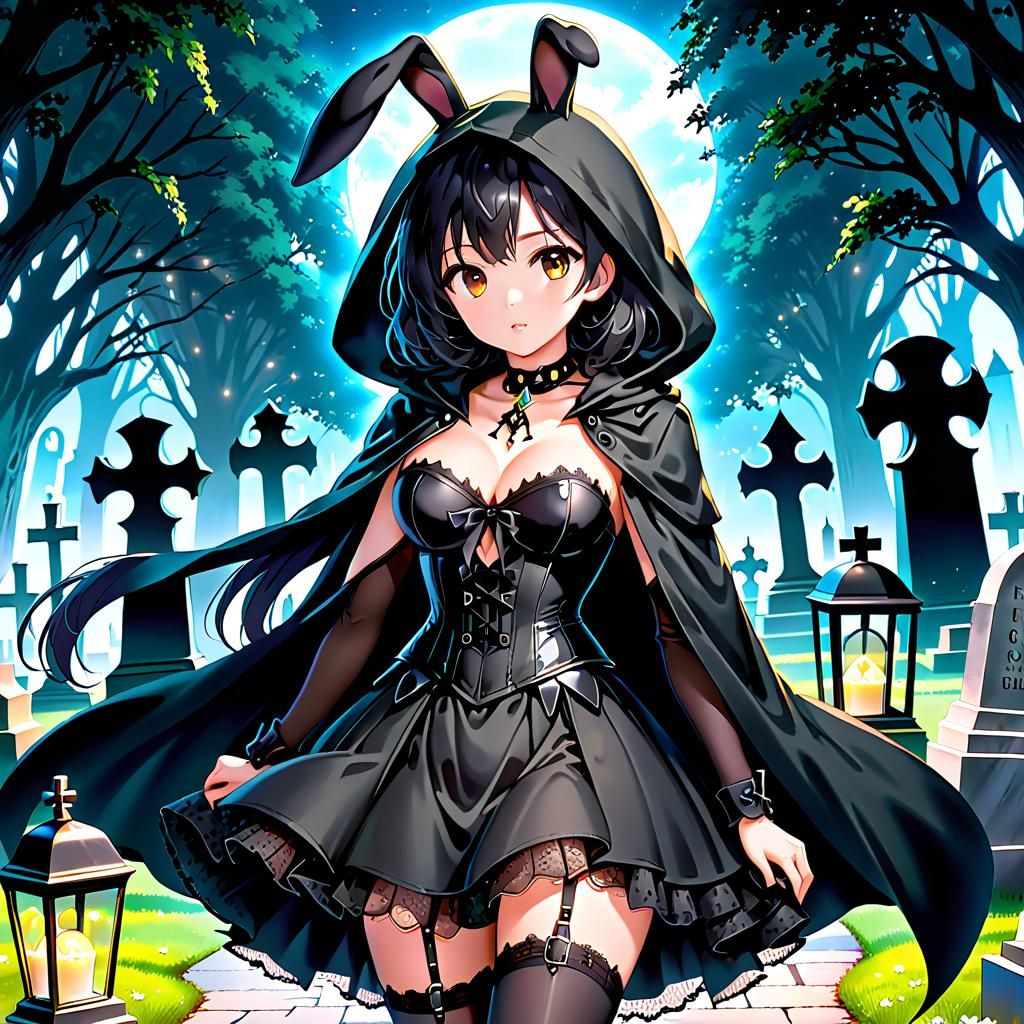 Anime Bunny Witch in Cemetery with Magic