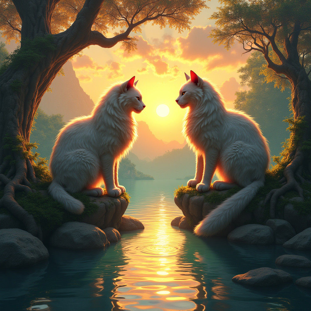 Majestic Felines in Fantasy Landscape, Digital Painting